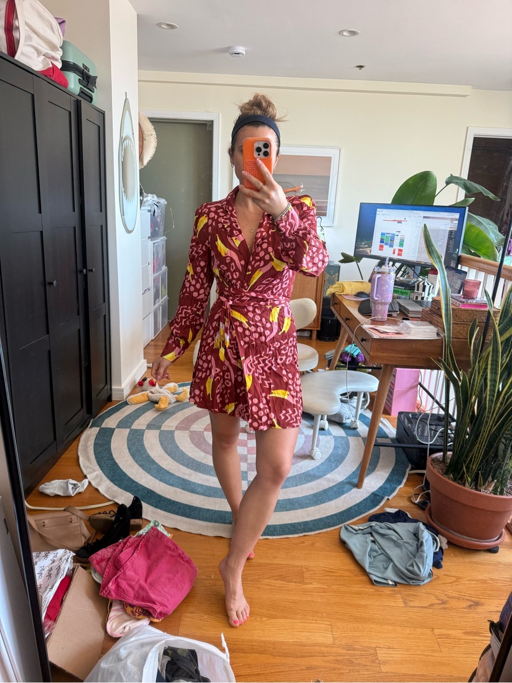 Farm Rio Burgundy & Yellow Wrap Shirt Dress